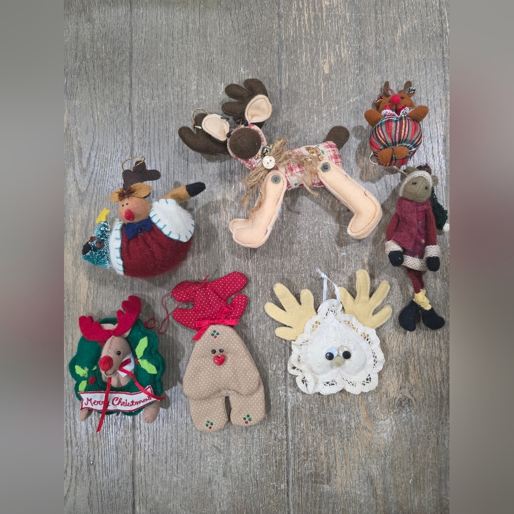 Vintage Christmas Reindeer Handmade Ornaments Lot Of 7